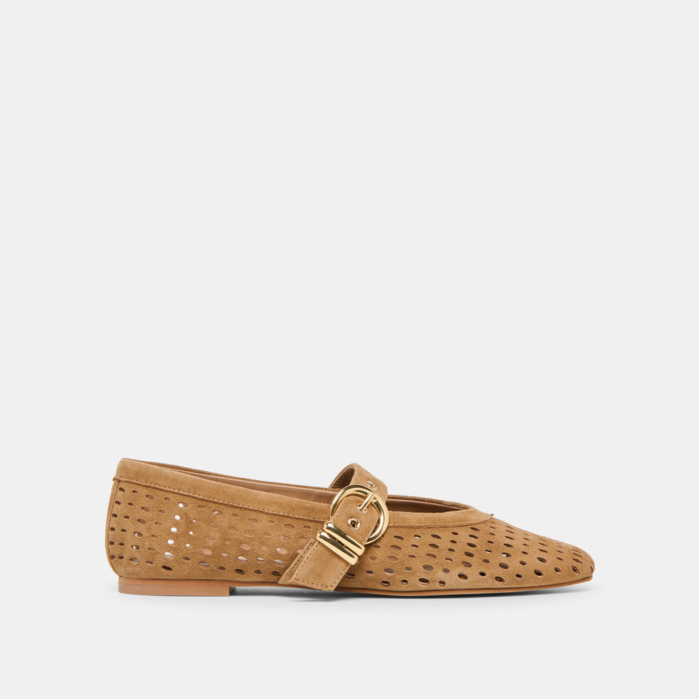 Mikel Lt Brown Perforated Suede Ballet Flats