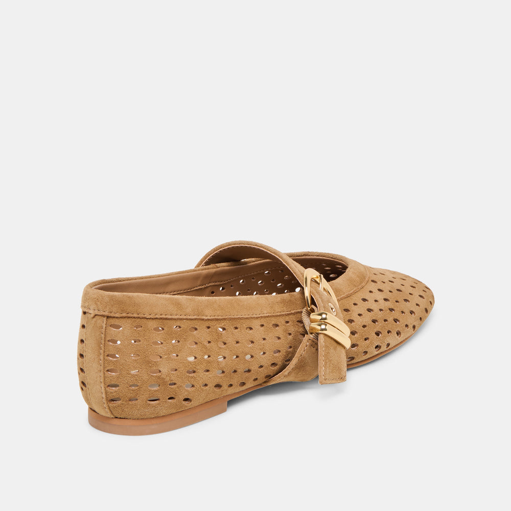 Mikel Lt Brown Perforated Suede Ballet Flats