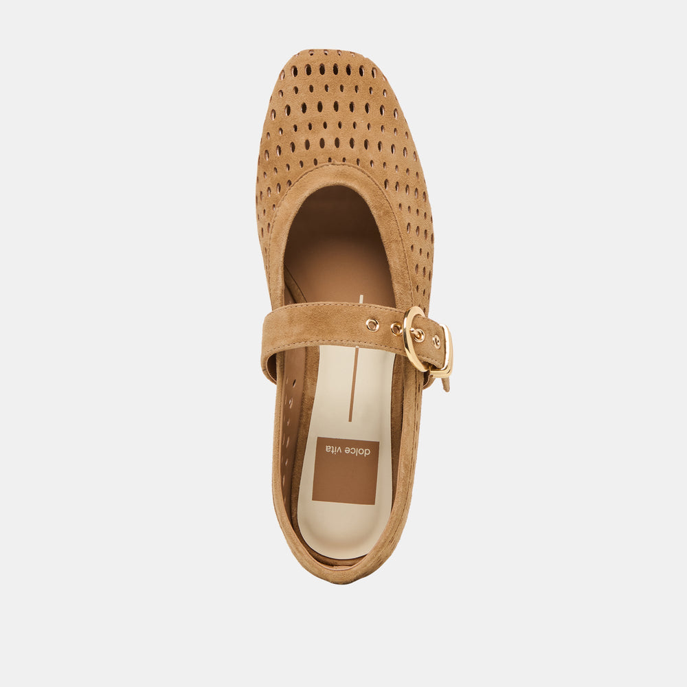 Mikel Lt Brown Perforated Suede Ballet Flats
