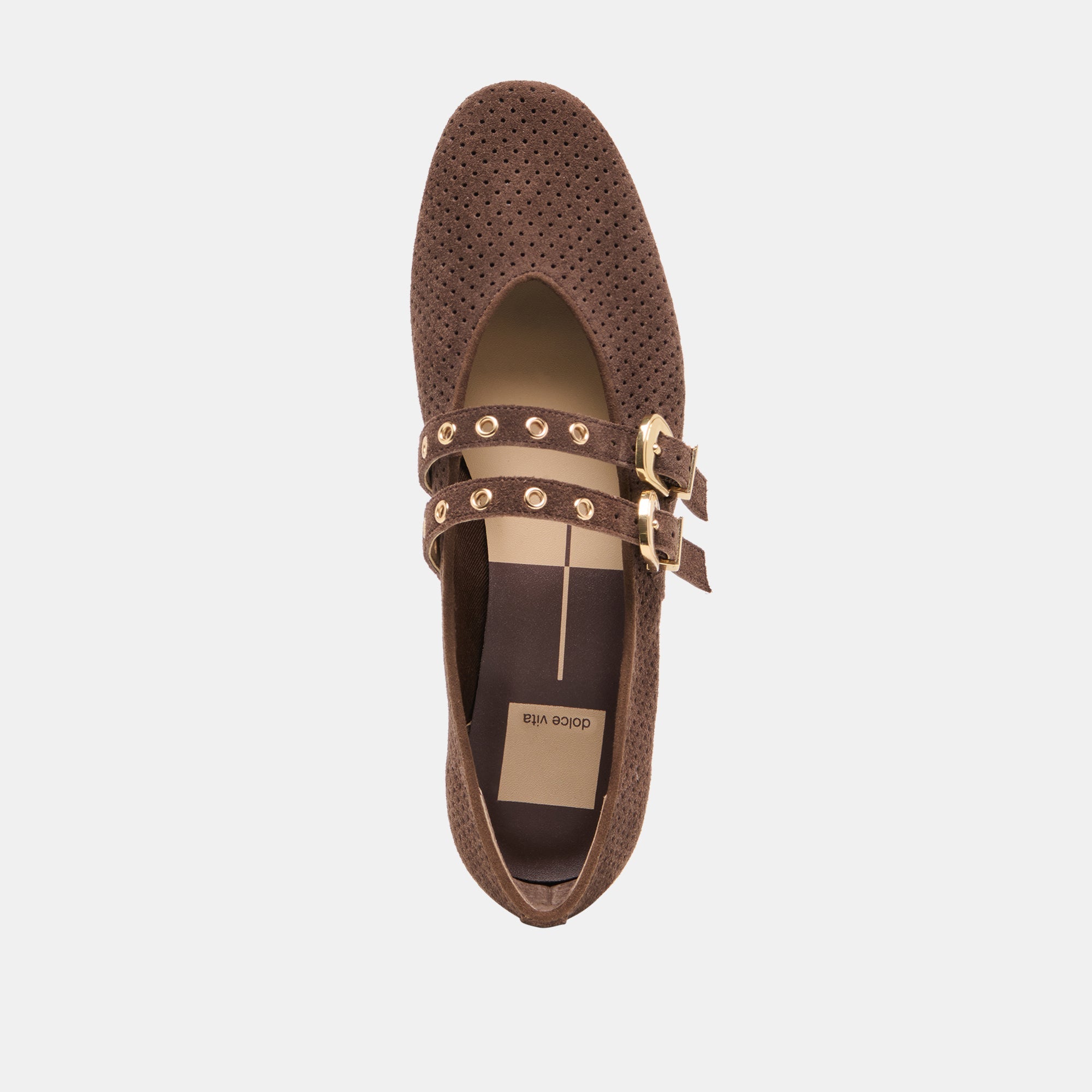 Baylee Grommet Dk Brown Perforated Suede Ballet Flats