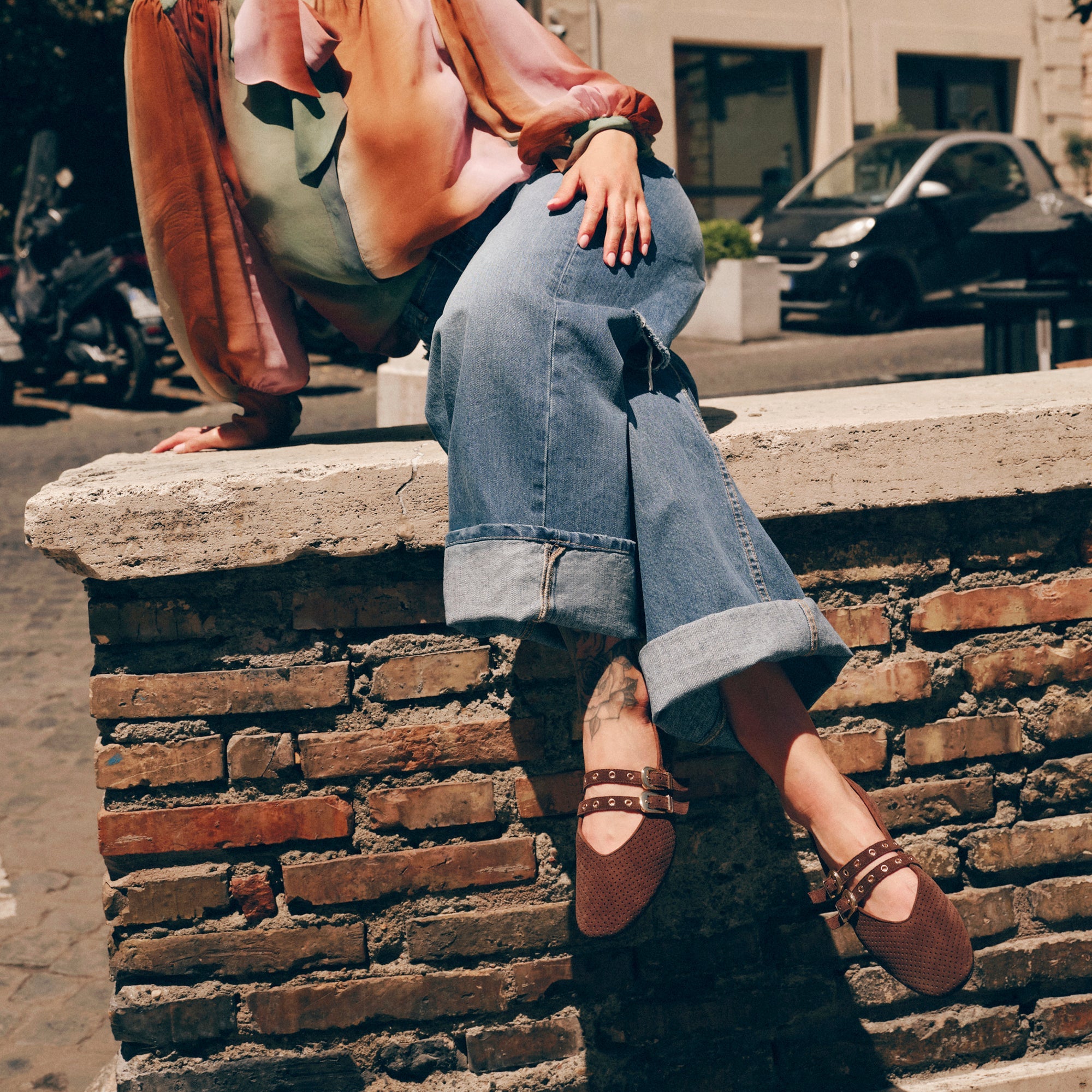 Baylee Grommet Dk Brown Perforated Suede Ballet Flats