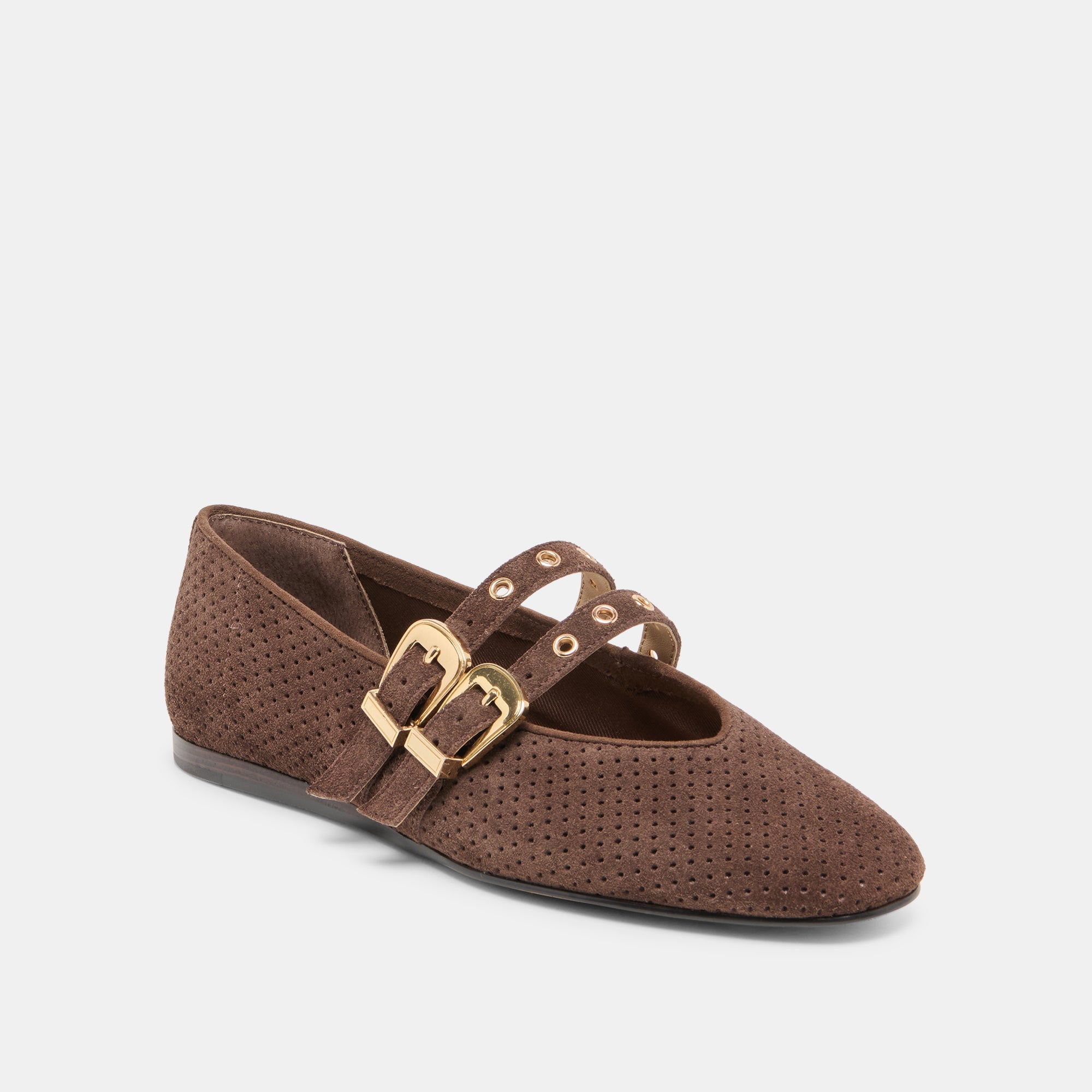 Baylee Grommet Dk Brown Perforated Suede Ballet Flats
