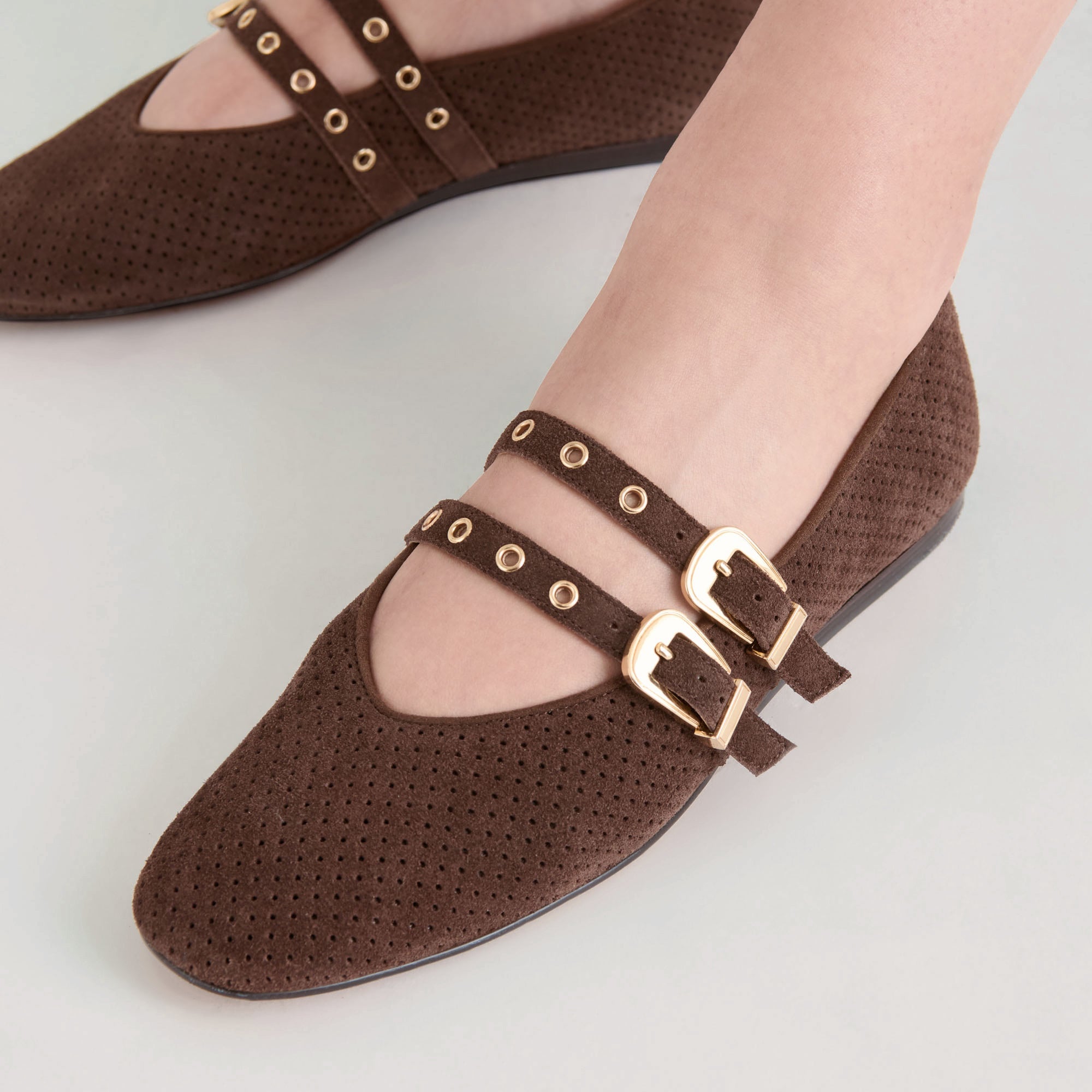 Baylee Grommet Dk Brown Perforated Suede Ballet Flats