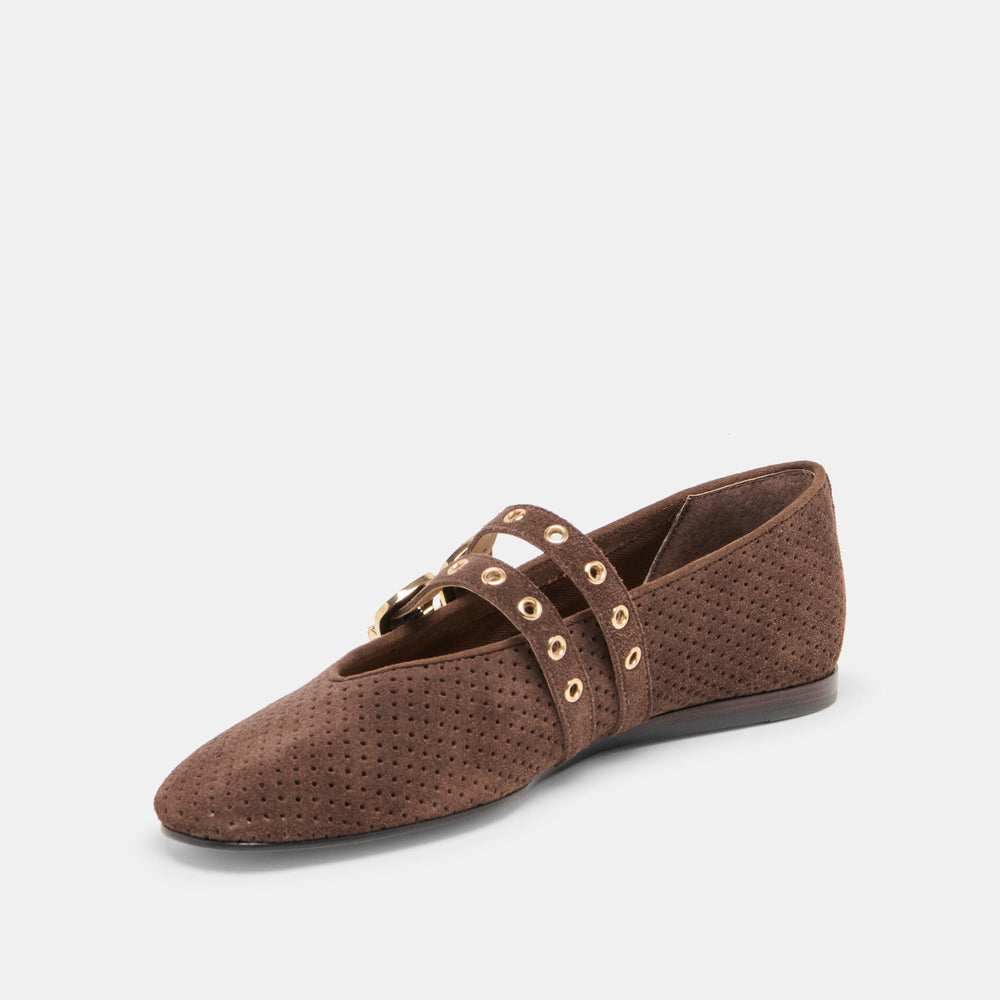 Baylee Grommet Dk Brown Perforated Suede Ballet Flats