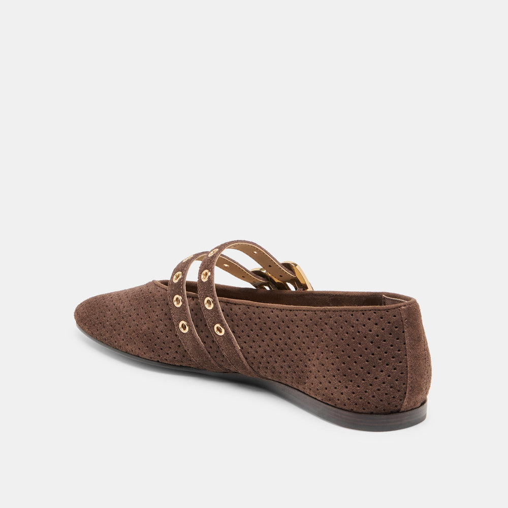 Baylee Grommet Dk Brown Perforated Suede Ballet Flats