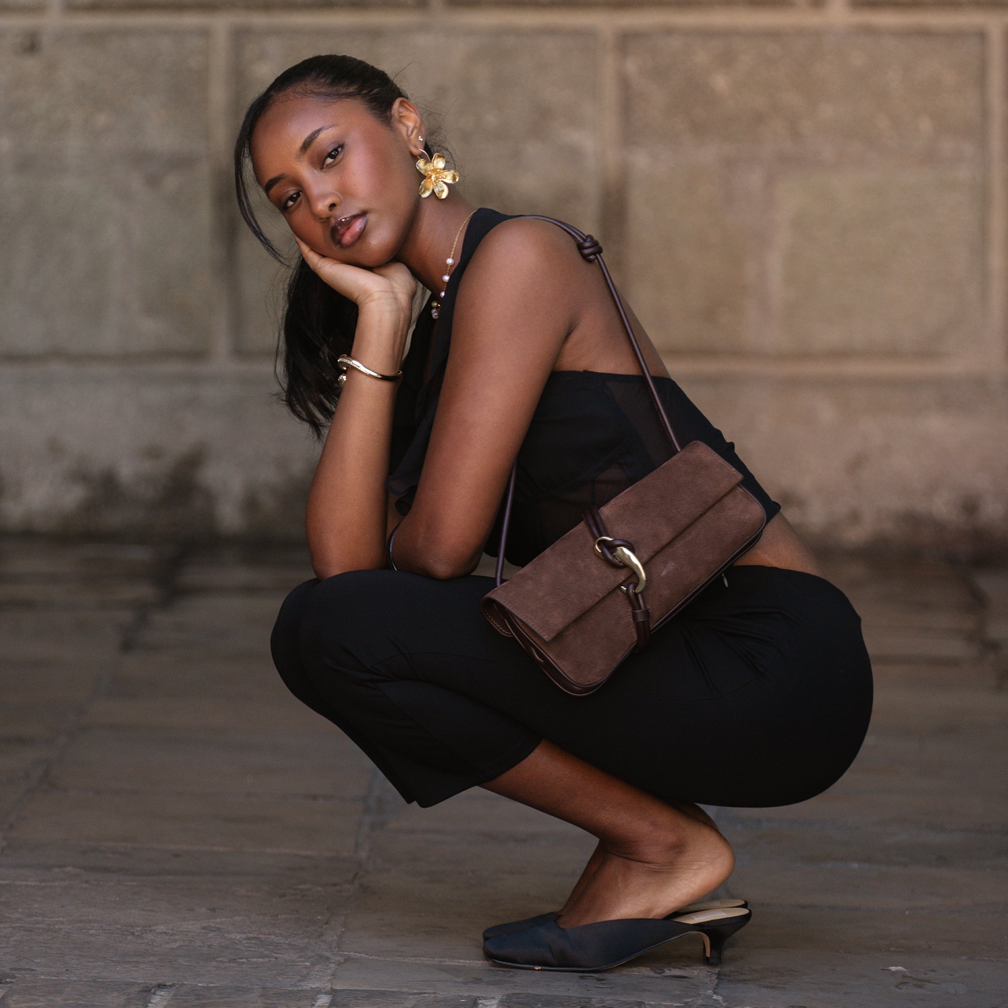 Alice Chocolate Suede Shoulder Bag