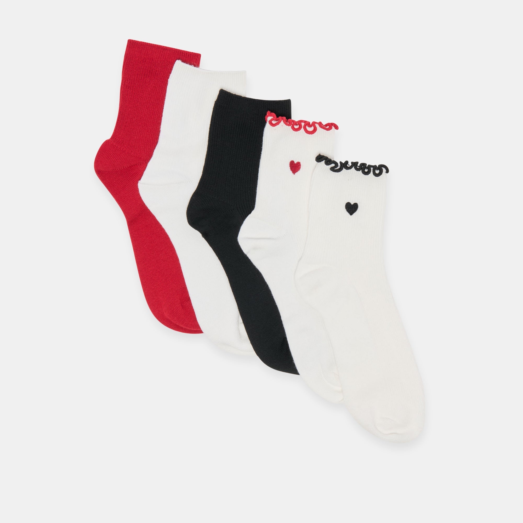 5 Pack Embroidered Rib White Black Multi Anklet Socks