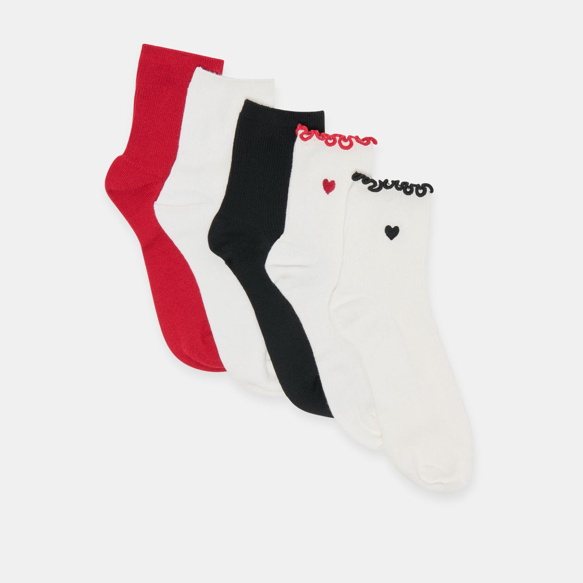 5 Pack Embroidered Rib White Black Multi Anklet Socks